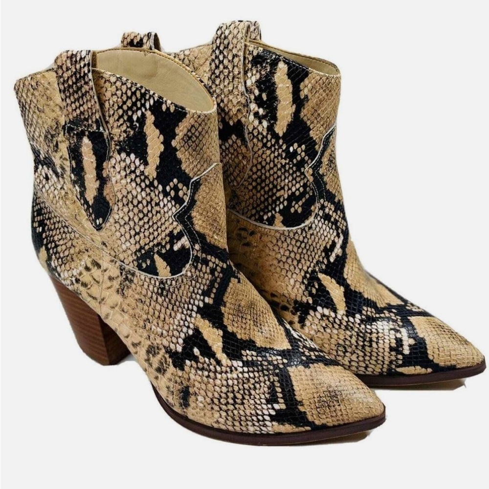 Gibson Latimer Cream and Black Snake Skin Ankle Booties with Chunky Heel